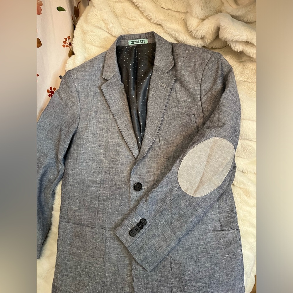 Gioberti Boys 14 Steel Blue Grey Elbow Patch Linen Blend Wedding Event Jacket